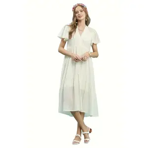 Umgee White Textured Tencel Midi Dress with Side Pockets