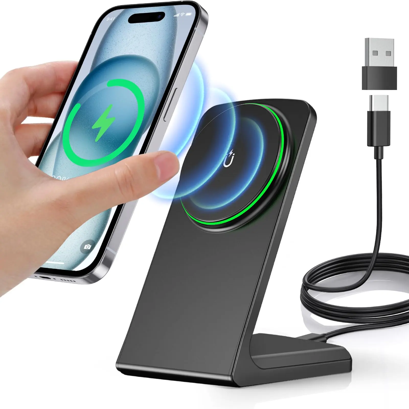 Magnetic Wireless Charger 15W Fast Mag-Safe Charger Stand for iPhone 15/14/13/12 Series Magnet Wireless Charging Station with Sleep-Friendly Adaptive Light for AirPods 3/2/Pro