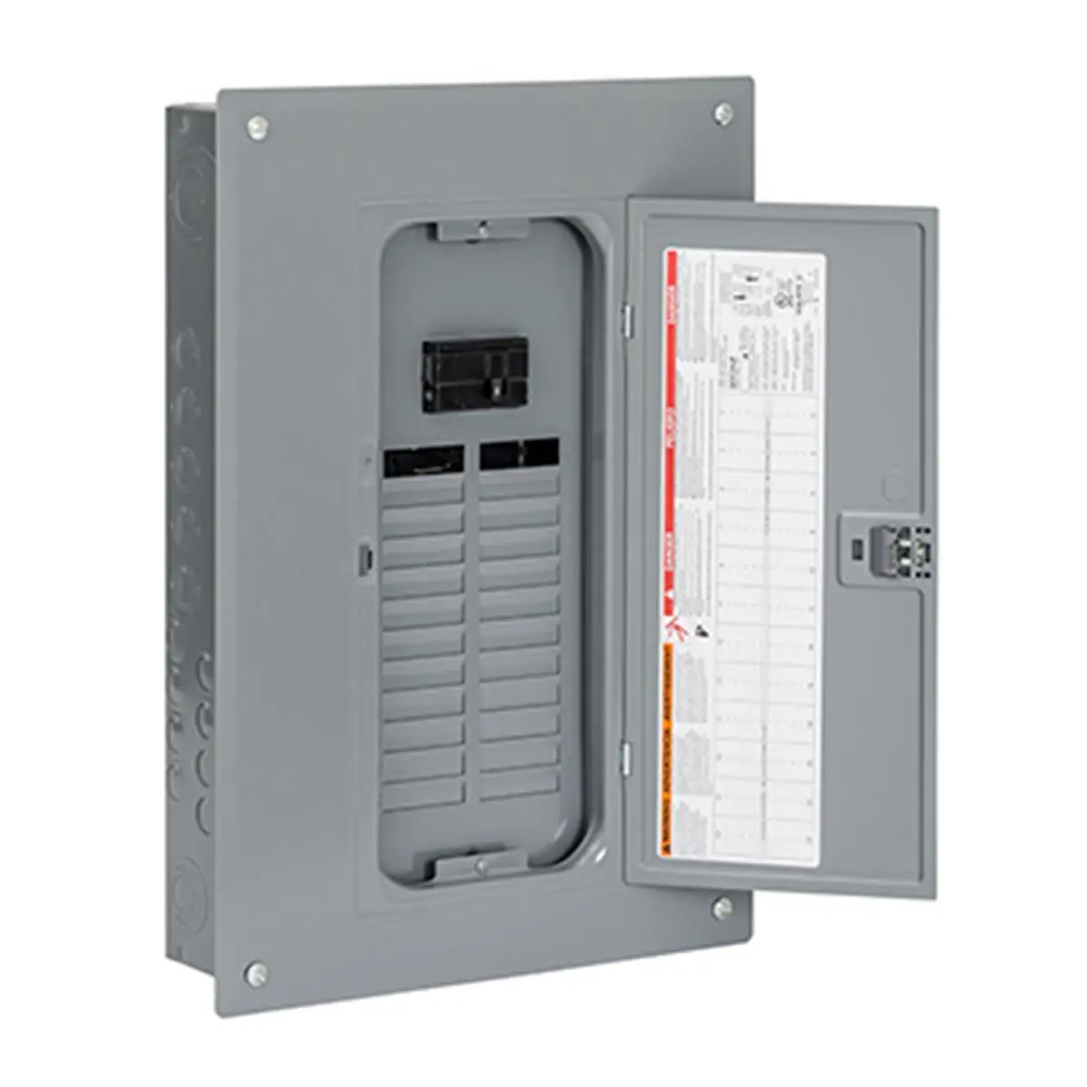 Square D QO Series 100A Main Breaker Installed Load Center (QO124M100PC) - 24-Space Circuit, 24 Single Poles, Flush/Plug-In Mount, Neutral Plug, Combination Cover, 23.4 x 15.8 x 5.4 in, 21 lbs, Installation, Household Large Appliance Part