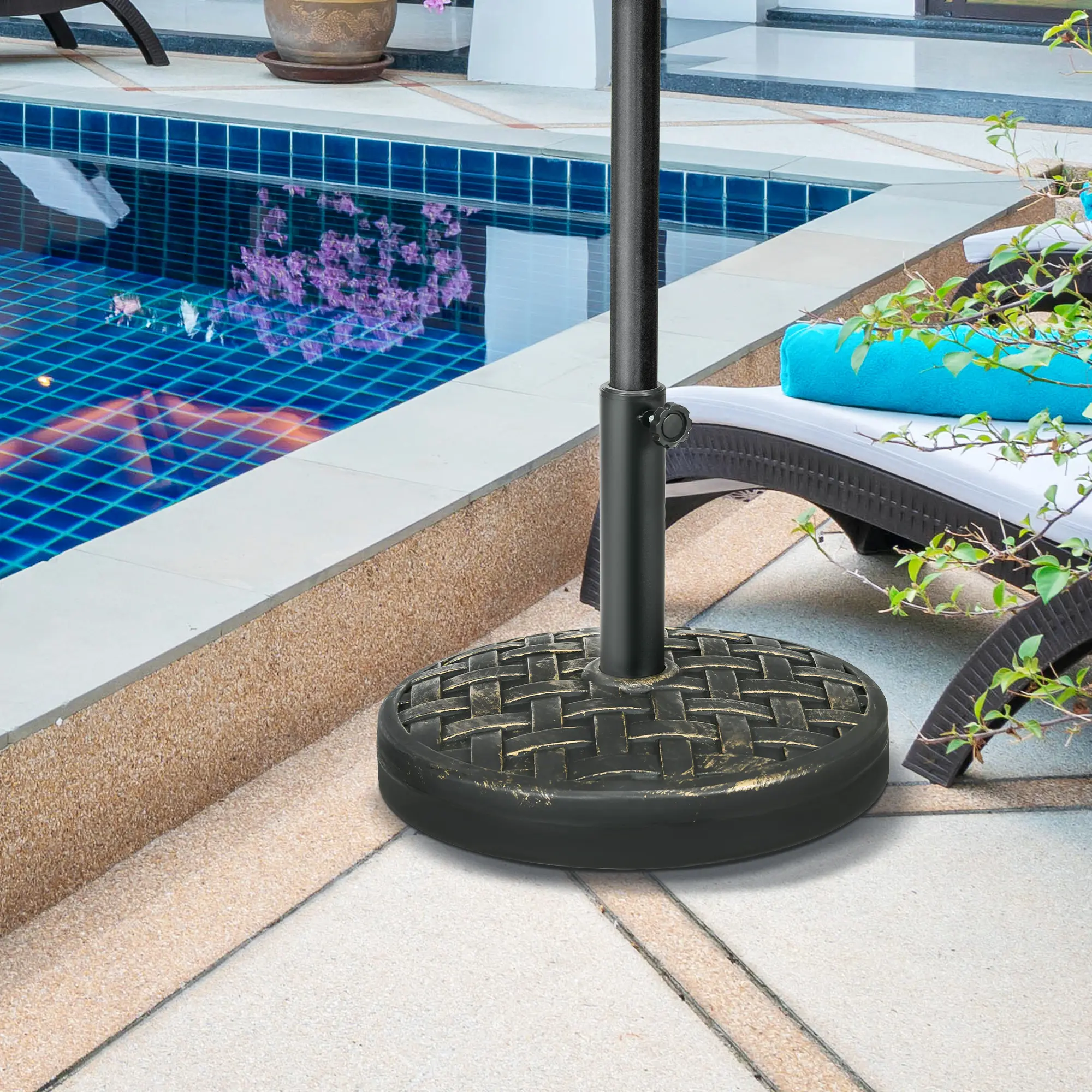 Concrete Umbrella Base – 40 lbs Heavy Duty Umbrella Stand with Metal Umbrella Holder, HDPE-Coated Concrete, Steel Pole, Hand-Turn Knob, Woven Motif Design, for Outdoor, Lawn, Deck, Bronze