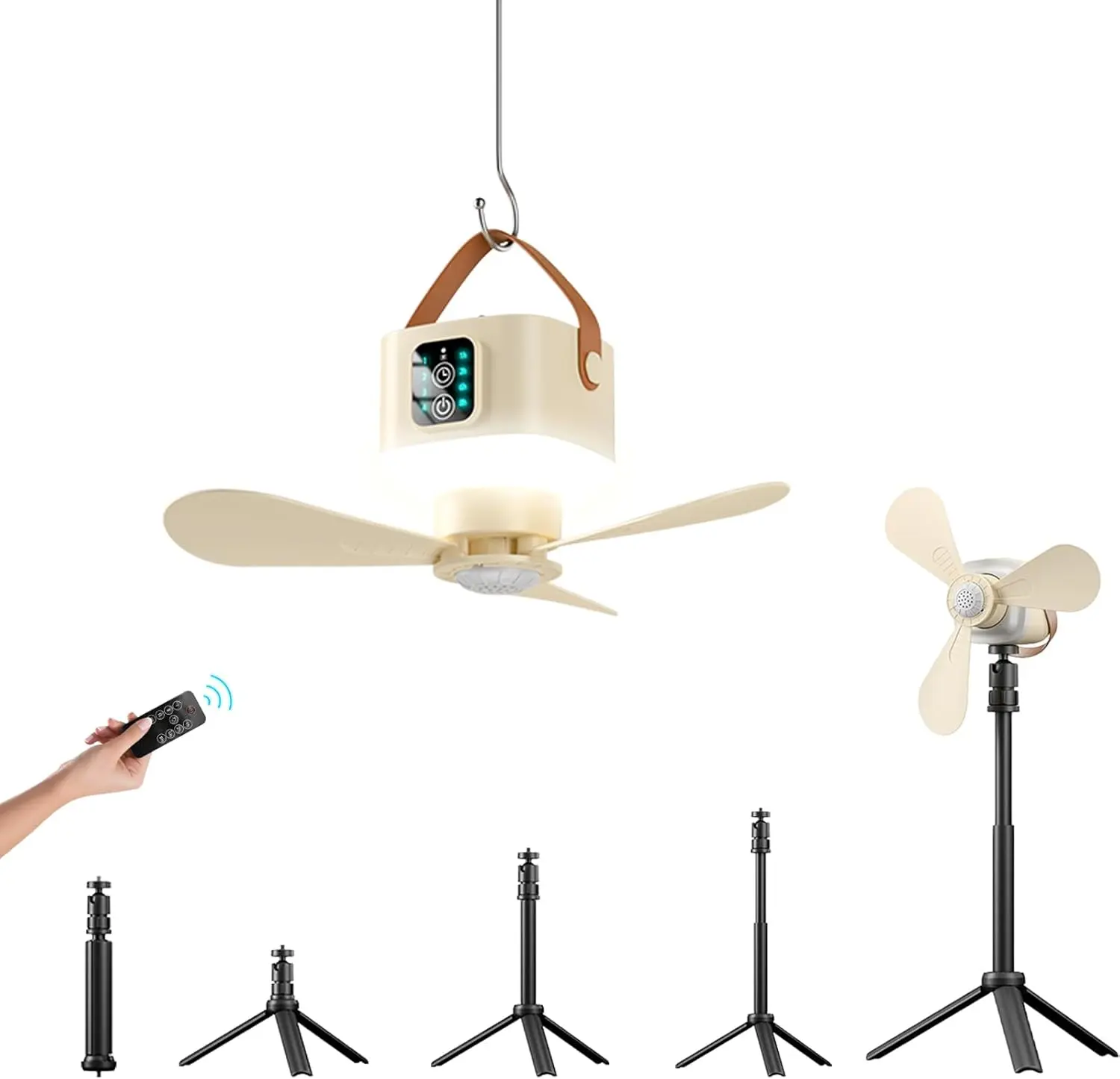 Mupoo 2-in-1 Standing & Hanging Tent Fan-Light Combo, Portable LED Lamp with 4 Adjustable Wind Speeds, 3 Brightness Levels, Remote Control, 7200mAh Battery for Dormitory (Led Lights Bedroom, Wind+Light)