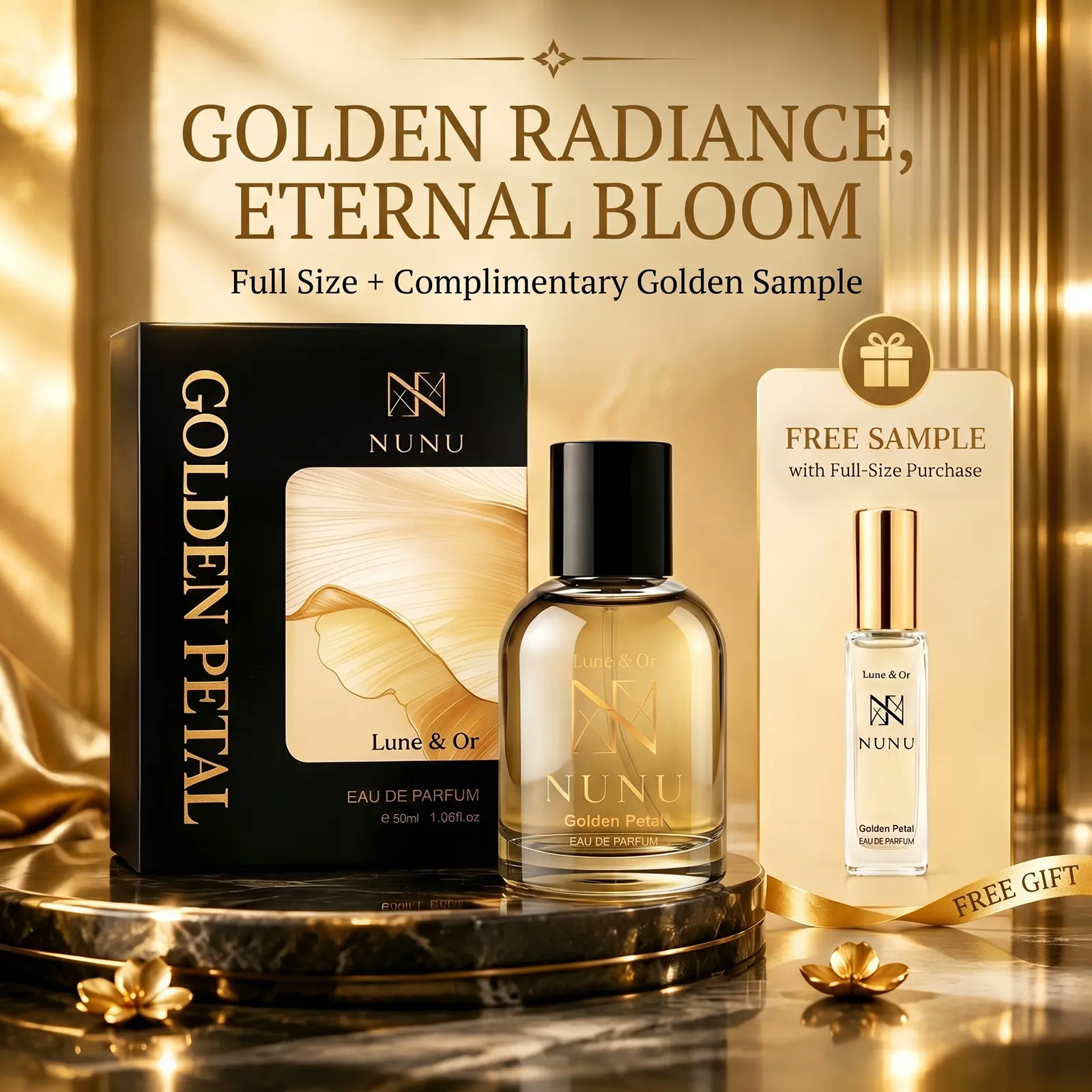 NUNU PARFUM Golden Petal Eau De Parfum for Women - Women's Fragrance with Vanilla Scents & Cedar Notes, Soft Elegant Floral, 24-Hour Long-Lasting, Everyday Wear for Adults, Single Bottle, Golden Floral, Spray On Skin, All Seasons, Floral Scents, Floral Wo