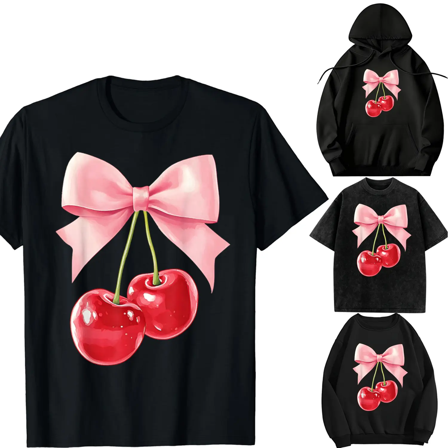 Women's Oversize Coquette Hooded T-Shirt in Soft Cotton, Casual Acid Wash Streetwear with Retro Cherry Bow Print, Printed