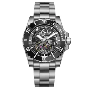 OBLVLO Designer Men's Skeleton Stainless Steel Mechanical Automatic Watch Luminous Rubber Waterproof Sport Watch DM-S