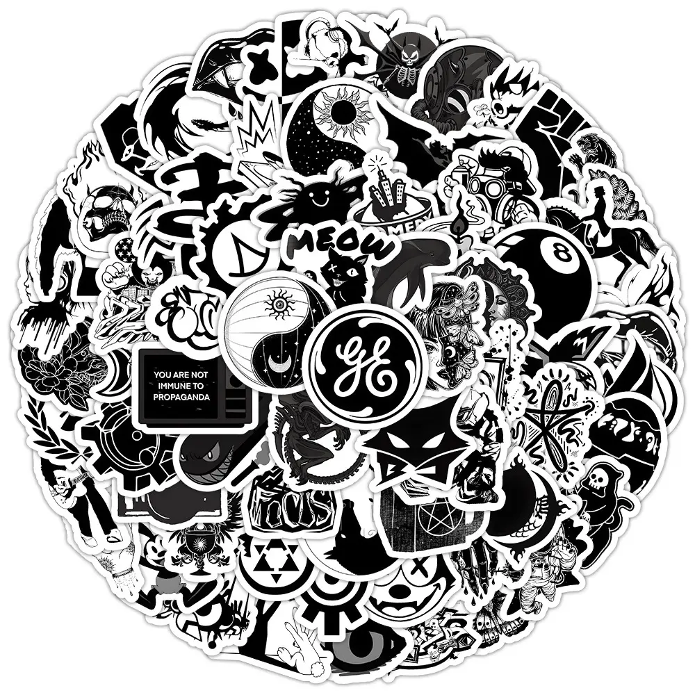 100PCS Black and White Gothic Mixed Graffiti Aesthetic Stickers for Helmet Bicycle Hand Account Pencil Case Decals LanLanStickersWorld