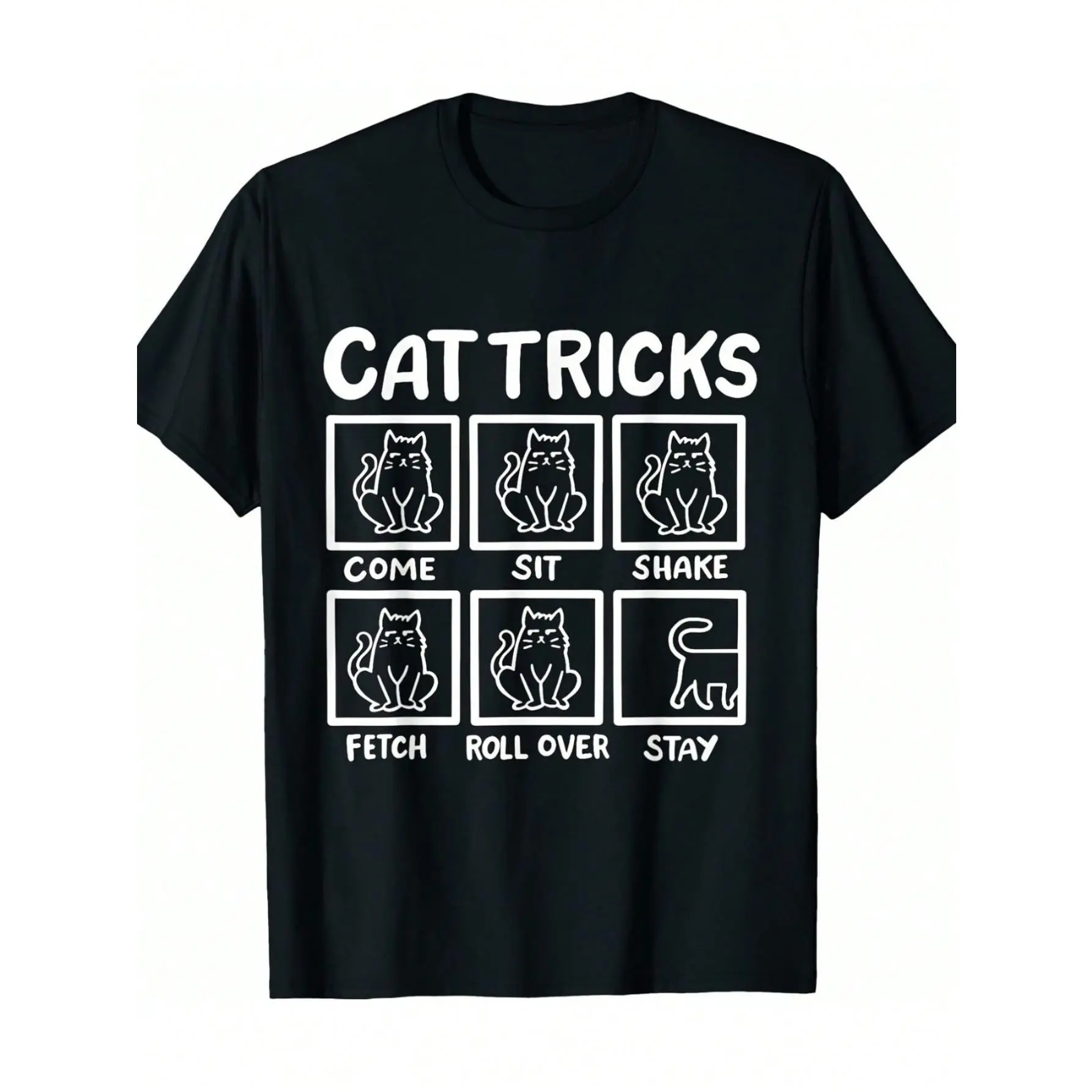 Men's "Cat Tricks" Graphic T-Shirt - Black Cotton, Short Sleeve, Crew Neck, Comfortable Casual Top with Playful Cat Illustrations, Daily Wear|Fun Casual Top|Machine Washable