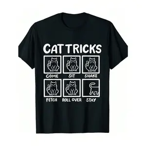 Men's "Cat Tricks" Graphic T-Shirt - Black Cotton, Short Sleeve, Crew Neck, Comfortable Casual Top with Playful Cat Illustrations, Daily Wear|Fun Casual Top|Machine Washable
