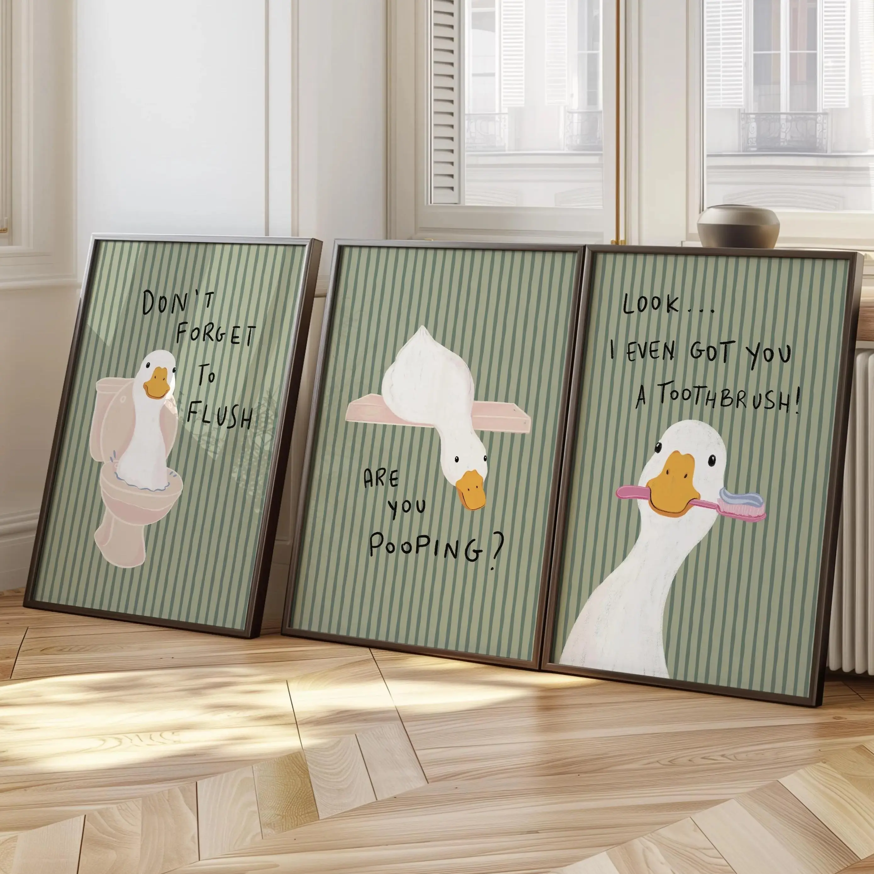 Bathroom Wall Art Set Of 3 Green Stripes Duck Nursery Quotes Farmhouse Unframed Poster