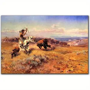 Native American decor, hunting buffalo paintings, Old West landscape posters for bedroom living room decor