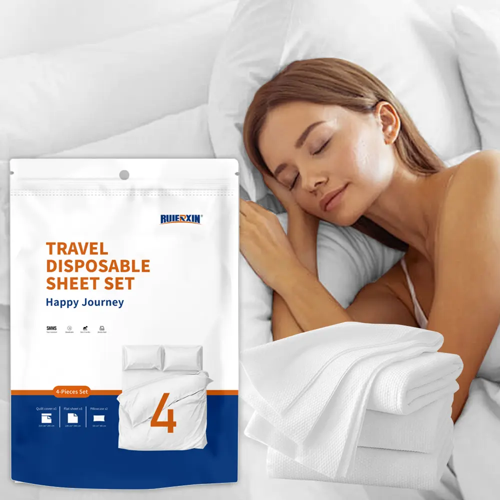 4-Piece Disposable Bed Set with Pillowcases - Soft Non-Woven, Hygienic, Skin-Friendly, Anti-Allergic, Soft for Bare Skin, Breathable Bedding Set, Travel-Ready Bedding Kit, Ideal for Hotels, Dorms, Camps, Ideal For Hotels, Dorms, And Camps