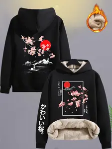 Japanese Style Sakura Print Lamb Velvet Hoodie, Unisex Winter Thick Warm Loose Fit Casual Jacket, Fitted Design for Fall & Winter