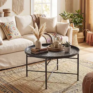 Round Center Table 24 Inch Dia Hammered Floral Tray Top Sturdy Metal Frame Adjustable Foot Pads 110 lbs Load Bearing for Home Living Space