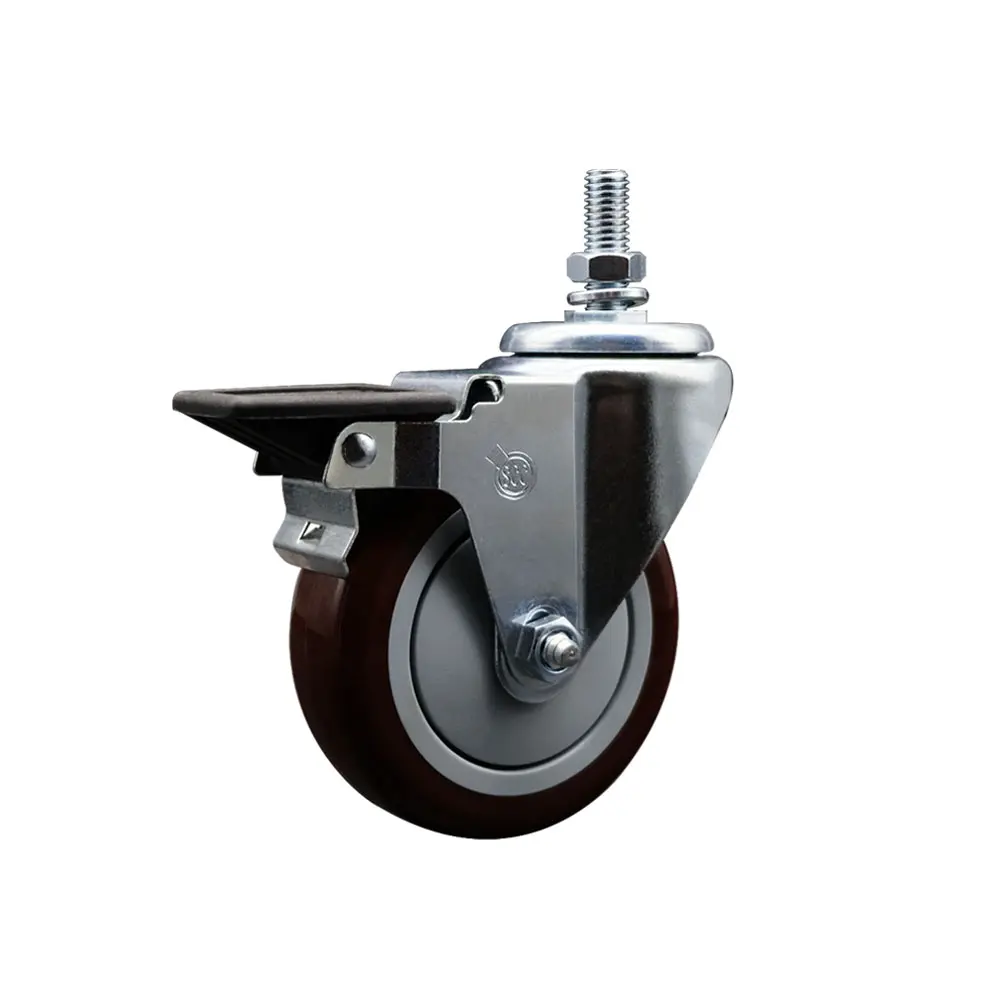 Heavy-Duty Lockable Swivel Casters (Service Caster Series #20 SCC-TS20S414-PPUB-MRN-PLB-121315), 4x1.25in Non-Marring Maroon Polyurethane Wheels, 0.5in Stem, Posi-Locking Brake, 350lbs Capacity for Equipment Material Handling, Shop Projects, Lockable Whee