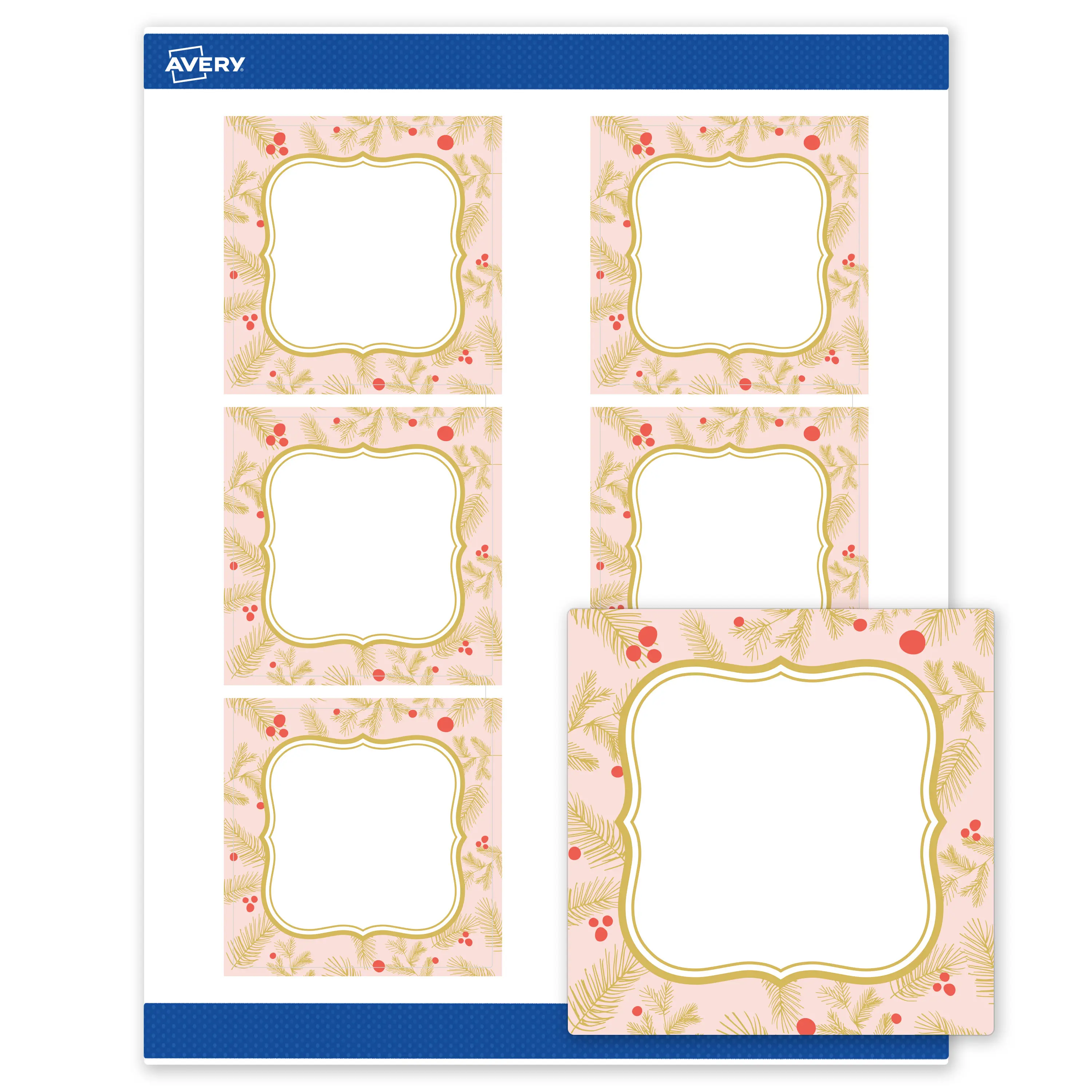 Avery® Printable Christmas Labels with Sure Feed® Technology, Square, 3" x 3", Pre-Printed Pink & Metallic Gold Border with Holly Design, Matte White, Laser & Inkjet Compatible, 60 Total