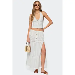 Embroidered Cotton Lace Slitted Maxi Skirt