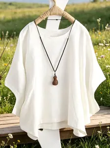 Women's Pure Cotton Summer Loose Batwing Sleeve T Shirt Solid Color Round Neck Top Soft Breathable Tee Everyday Casual Style Office Commuting Vacation Holiday Weekend Outing Comfort