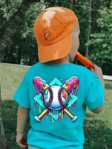 Youth & Adult Baseball Drip Tee, Toddler & Youth Baseball Graphic Shirt, Colorful Cool Tee, Soft Cotton for Daily Wear, USA-Made & Printed Apparel	