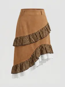Women's Western Boho Cowgirl Style Spring Fall Brown Faux Suede Skirt, Asymmetrical Leopard Ruffle White Lace Trim Flattering Fit, For Country Music Festival Rodeo Concert