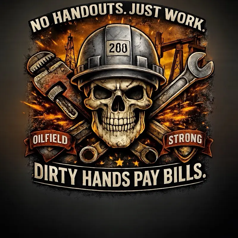 Oilfield Hoodie – “No Handouts Just Work” Roughneck Skull Hoodie | Dirty Hands Pay Bills | Blue Collar Workwear