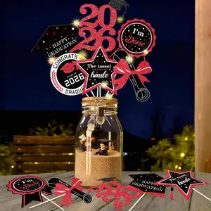 Graduation Party Centerpieces Decorations for Tables Class of 2026 - Glitter Black and Red Double Sided Graduation Table Centerpieces Sticks with LED String Light for Grad Party Decor Supply 30 Pack