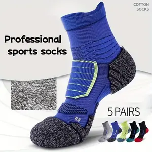 5 Pairs of Professional Men's Sports Socks, Moisture-wicking, Breathable, Shock-absorbing, Durable, for Basketball, Running, Marathon, Cycling, used in all seasons Blue Menswear Activewear Athletic Multiple Colors	 Stripe Sportswear Striped