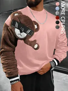 Men's Solid Color Cartoon Bear Embroidered Sweatshirt, Casual Long Sleeve Round Neck Pullover for Spring & Fall, Daily Wear Christmas Gift