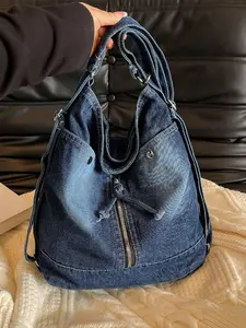 Large Capacity Rivet Decor Bag, Casual Fashion Shoulder Crossbody Bag, Denim Shoulder Purse, Suitable for Daily Use, Work, Commuting, Shopping, Dual Strap