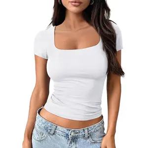Short Sleeve Shirts for Women Double Lined Square Neck Cute Going Out Crop Tops Spring Summer Teens Basic Tees