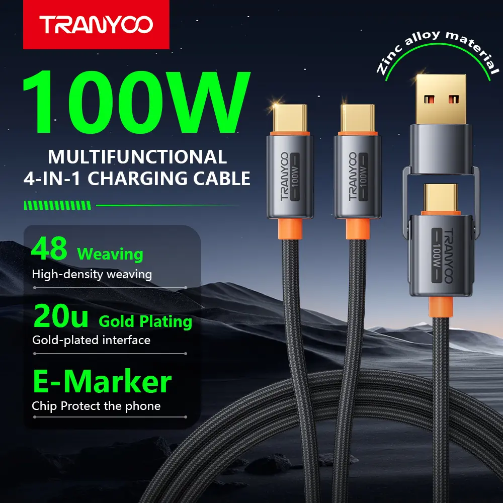 TRANYOO T-XS11 4-in-1 Metal Shell AC to USB Type-C Charging Cable - 100W Multifunctional Cord with E-Marker Chip, 20V/5A, 1.2M Durable Braided Weave, Zinc Alloy & Gold-Plated Interface, Connection Stability, for iPhone 15/16/17, Mobile Devices, Laptops,te