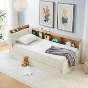 Eyisean Twin Size Multi-functional Daybed with Trundle Bed, Upholstery Velvet Height Adjustable Day Bed with Storage Headboard and Wireless Charging, Corner Bed Frame for Bedroom/Office