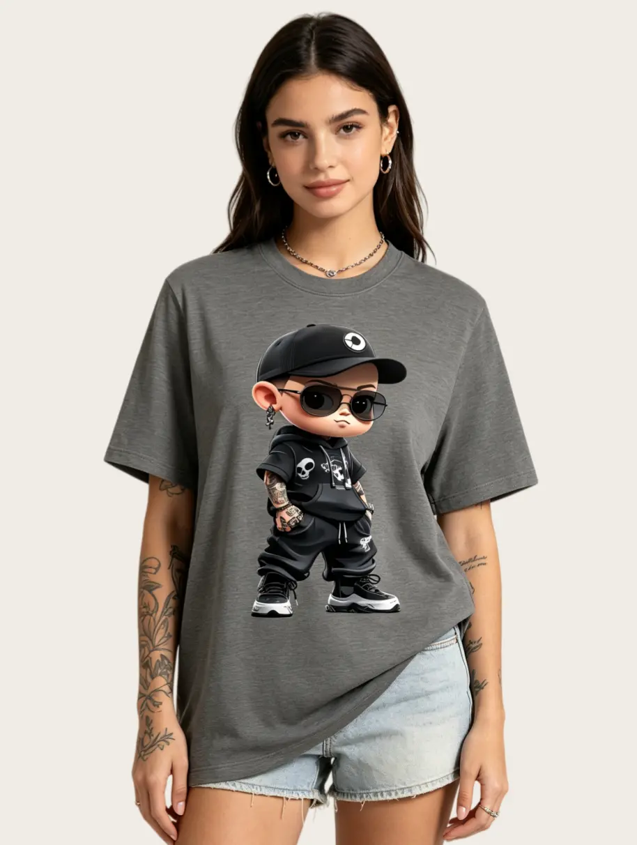 Women's T-Shirt, Streetwear Style Chibi Boy Graphic, Cotton Fitted Cropped Top with Short Sleeves, Shortsleeve, Tshirt, Fabric, Soft, Crew Neck, Casual, Lady, Thanksgiving, Easter