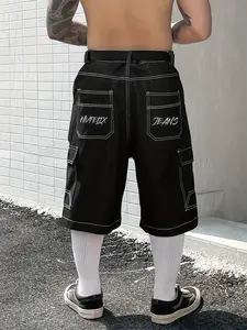 Men's Letter Print Over-knee Denim High Waist Jorts Pocket Shorts, Casual Loose Streetwear Jeans Shorts for Daily Wear, Fashion Men's Bottoms for All Seasons
