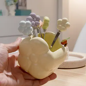 (6 Pcs) Stainless Steel Fruit Fork Dessert Spoon Flower Ceramic Storage Jar Set Household Small Fruit Insert Fruit Pick Light Luxury Coffee Spoon Tea Spoon Dessert Spoon Fork