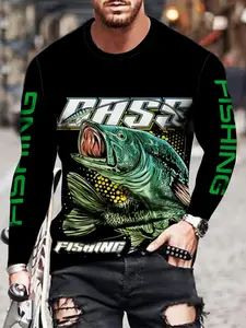 Men's Fishing Long Sleeve Fitted Cut Shirt, Base with Bass Graphic, Breathable Polyester, Ideal for Outdoor Casual Wear