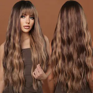 Woolook 28-inch Brown Highlight Ladies Wig Curly Hair with Bangs Perfect for Masquerade Music Festival and Daily Wear