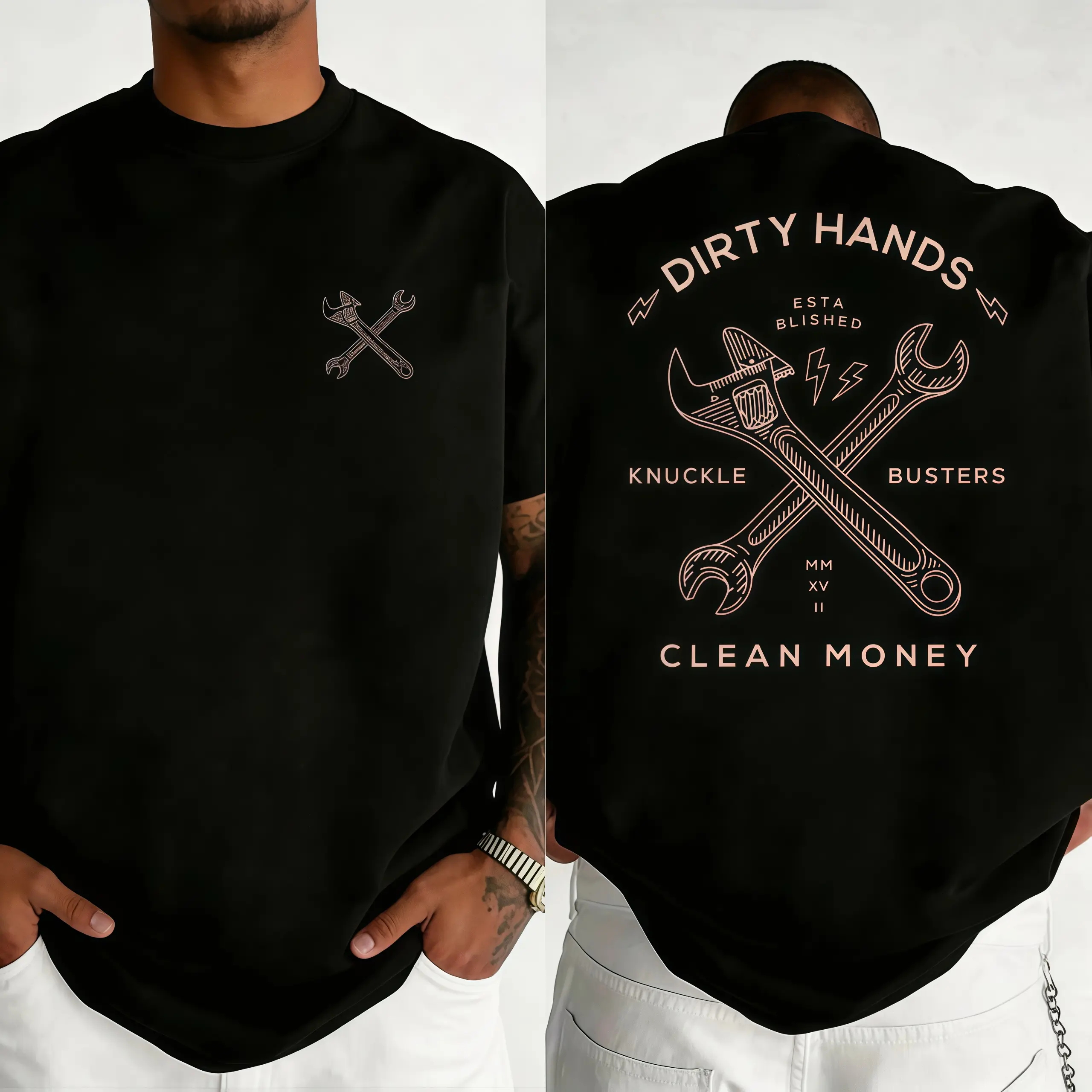 Dirty Hands, Clean Money wrench graphic T-shirt workwear-style Men's and Women's Gifts Retro summer OOTD Casual Cotton Menswear Crew Neck Graphic Print Tee Top Womenswear Streetwear Tshirt