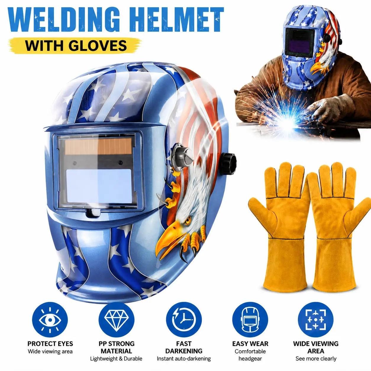 Solar Auto-Darkening Welding Helmet + Cowhide Gloves – Lightweight, Shade 9–13 Adjustable, Ergonomic Fit & Ultimate Protection for Welders