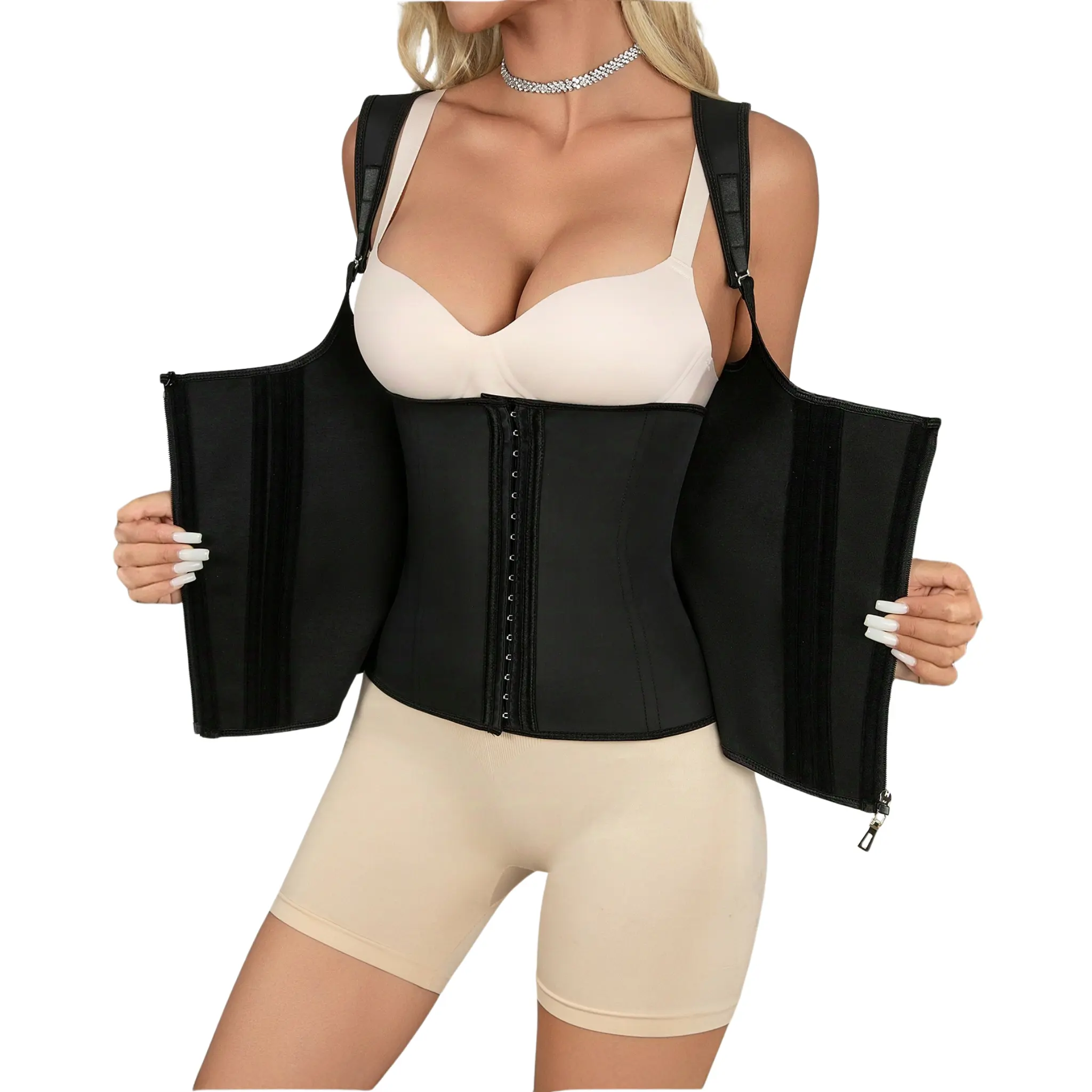ThtGrl Boutique Double Waistband Corset Vest Waist Trainer with Button & Zip Closure for Women's Fashionable Shaping Plain Design