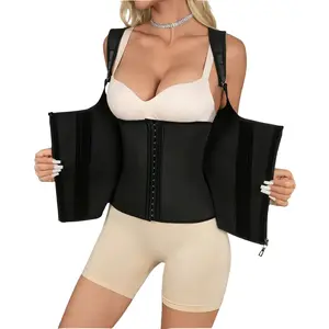 ThtGrl Boutique Double Waistband Corset Vest Waist Trainer with Button & Zip Closure for Women's Fashionable Shaping Plain Design