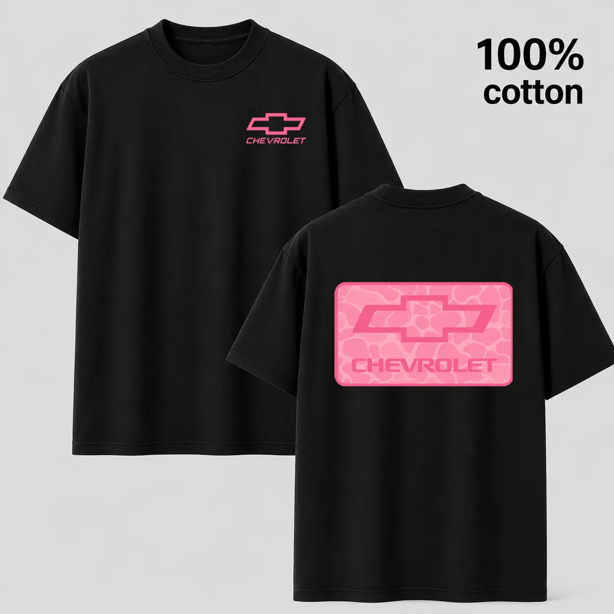100% Cotton Graphic T-Shirt - Retro Pink Camo Box Logo Back Print Casual Short Sleeve Black Tee