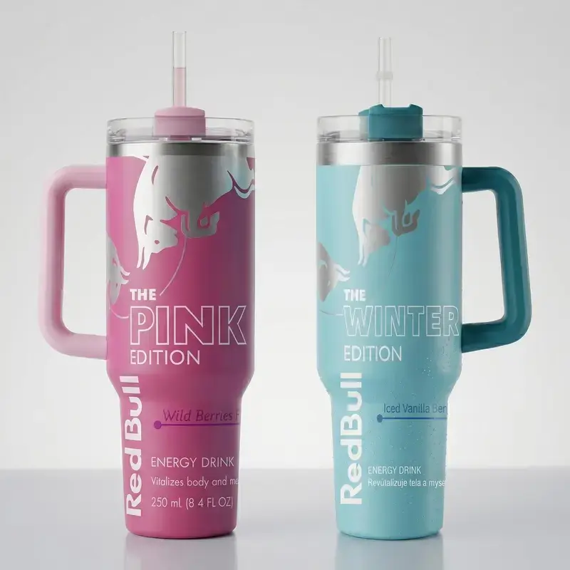 Red Bull Pink, Blue & White Edition 40oz Stainless Steel Tumbler With Handle and Straw, Double Wall Vacuum Insulated Travel Mug