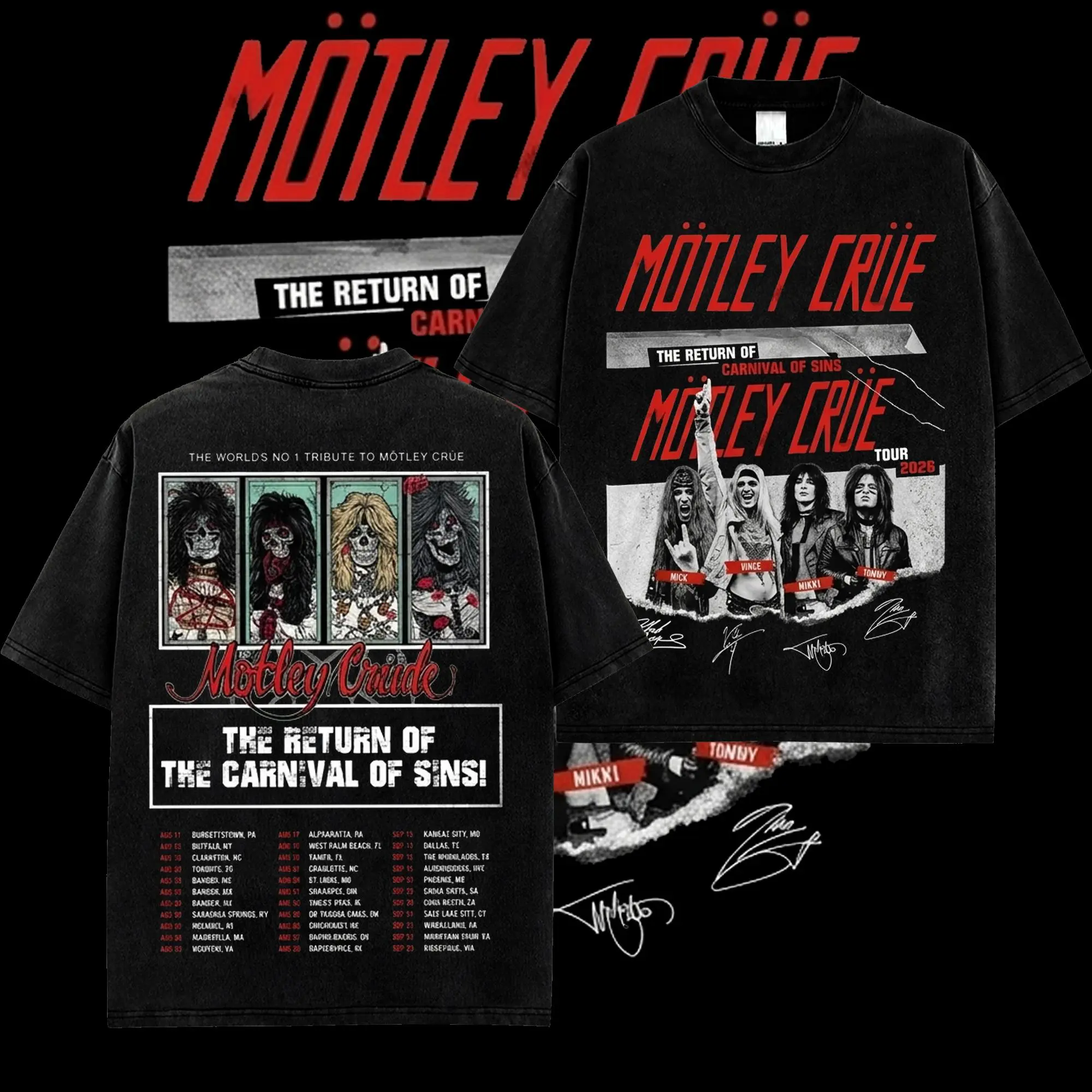 Motley Crue The Return of the Carnival of Sins Tour 2026 Vintage Washed T Shirt Oversized Graphic Tee Glam Metal Rock Band Shirt Heavy Cotton Acid Wash Unisex Concert Tour Tee Retro Streetwear Music Fan Apparel Classic Rock Merch Casual Gift