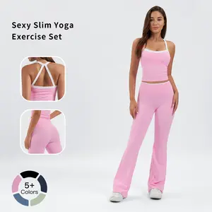 Tenwolf Women’s Solid Backless Halter Top & Pants Sports Set, Casual Sporty Two-Piece Outfits for Yoga, Gym, Workouts, Running, Ladies’ Activewear for All Seasons