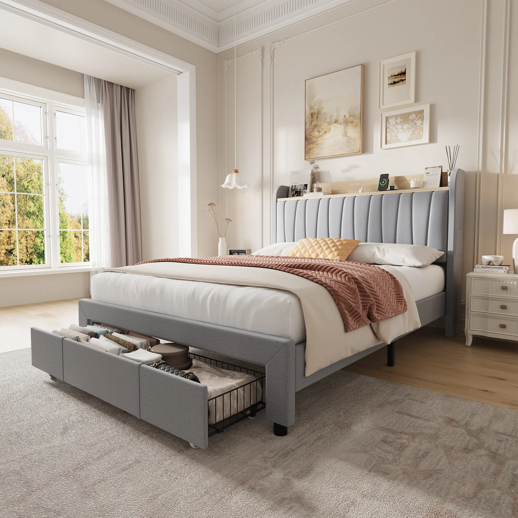 🔋 Upholstered Bed Frame with Storage Headboard & Drawers – Built-in USB & AC Charging – Easy Assembly, Heavy Duty – Queen/King/Full – Beige or Light Grey ✨