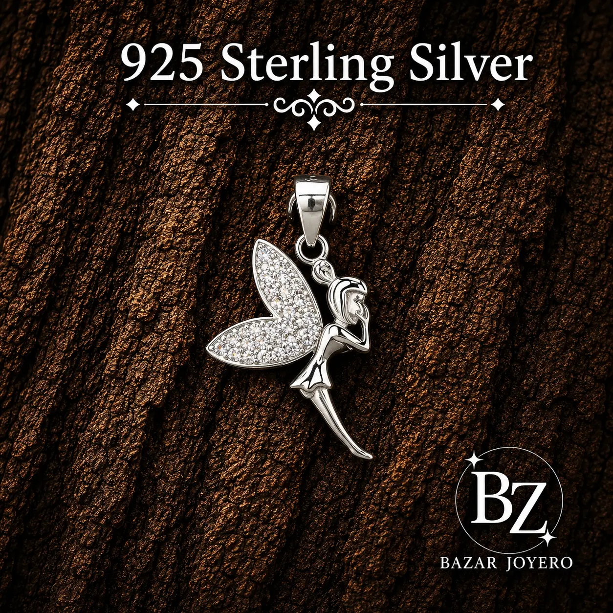 925 Sterling Silver Fairy Pendant with Cubic Zirconia Wings