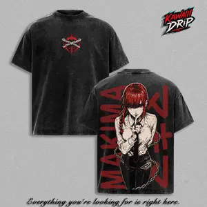 Makima Streetwear Top Shirt - Chainsaw Man Vintage Washed Anime T-Shirt Oversized Boxy Fit Heavyweight Cotton Graphic Tee Devil Hunter Unisex Daily Wear Gift for Chainsaw Man Anime Fans