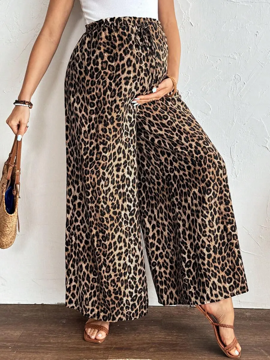 ELERENZO Maternity Leopard Print Loose Casual Summer Pants Adjustable Elastic Waist Ruffle Trim Leopard Print Vacation Pants