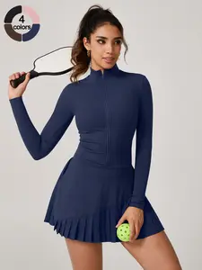 Women's Solid Color Sporty Dress, Stand Collar Zipper Side Pleated Inner Safety Pants Design, Comfortable Breathable Yoga Gym Golf Tennis, Sports Dress, Tennis Athletic Dress