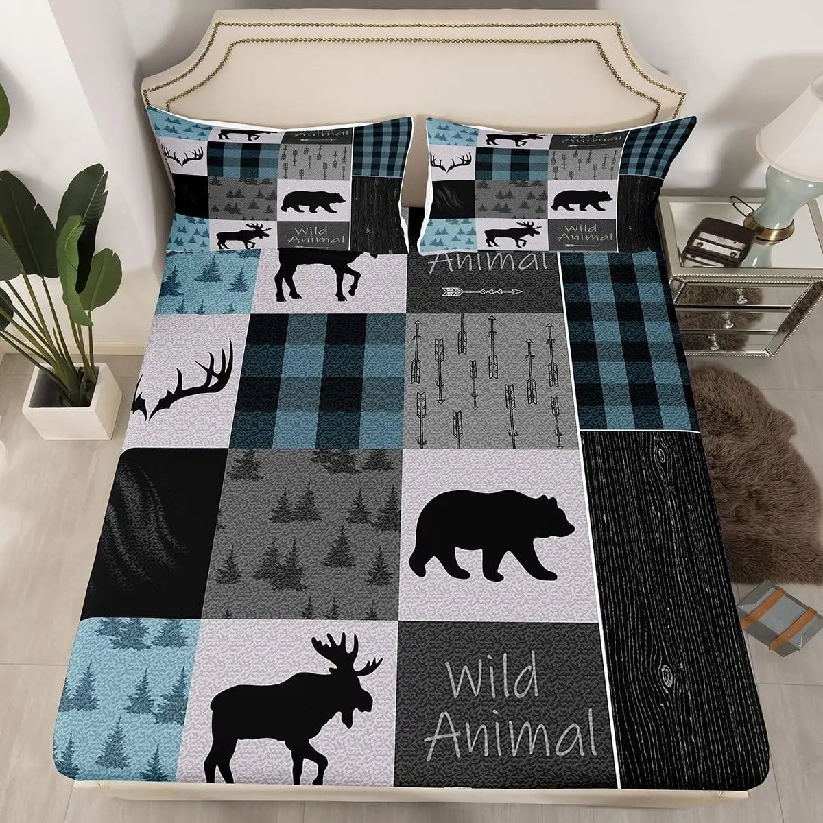 Feelyou Animal Print Bedding Set - Camping-Themed Microfiber Fitted Sheet & Decorative Bedsheet Sets, Deer Elk Bear Graphic Country Colorful Sheets for Wildlife Campers’ Room Decor, Colorful Fitted Sheets, Country-Themed Fitted Sheets