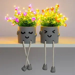Cute  , Flower Pots with String Lights,   Artificial For Desk Decor, Office Decor for Women, Shelf Decor for , Bathroom Small  Decoration, Mini  Window Sill Decor